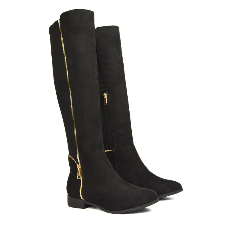 Sutton Zip Up Stretchy Calf Flat Heel Knee High Boots in Black Faux Suede sold by XYlondon