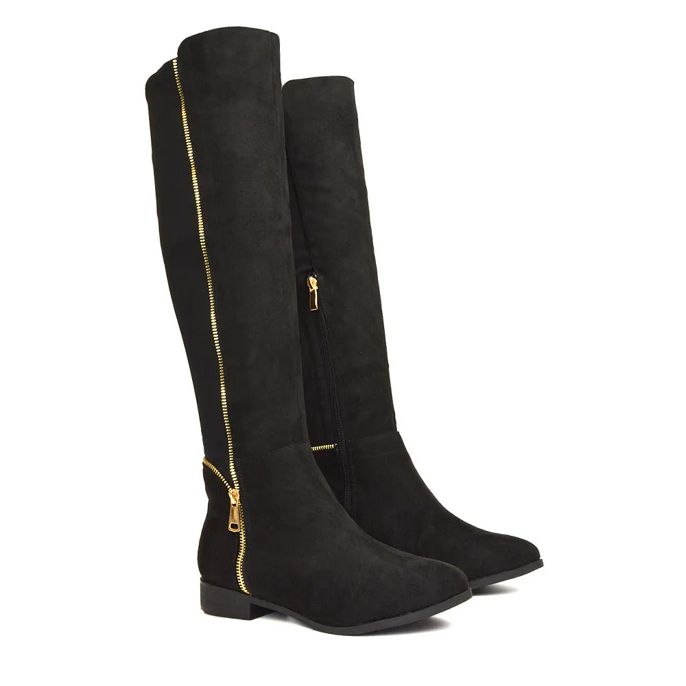 Sutton Zip Up Stretchy Calf Flat Heel Knee High Boots in Black Faux Suede sold by XYlondon