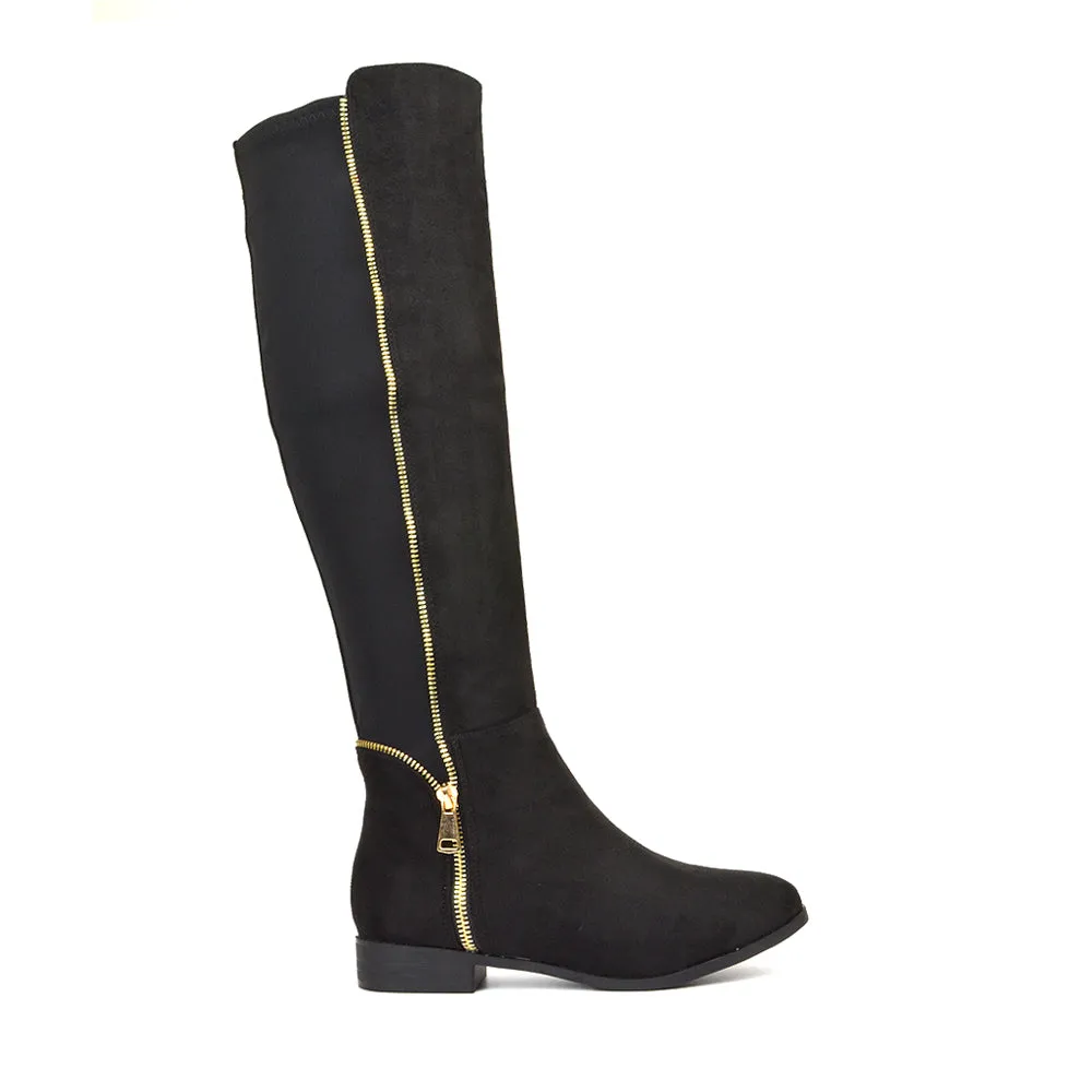 Sutton Zip Up Stretchy Calf Flat Heel Knee High Boots in Black Faux Suede sold by XYlondon product image thumbnail 5