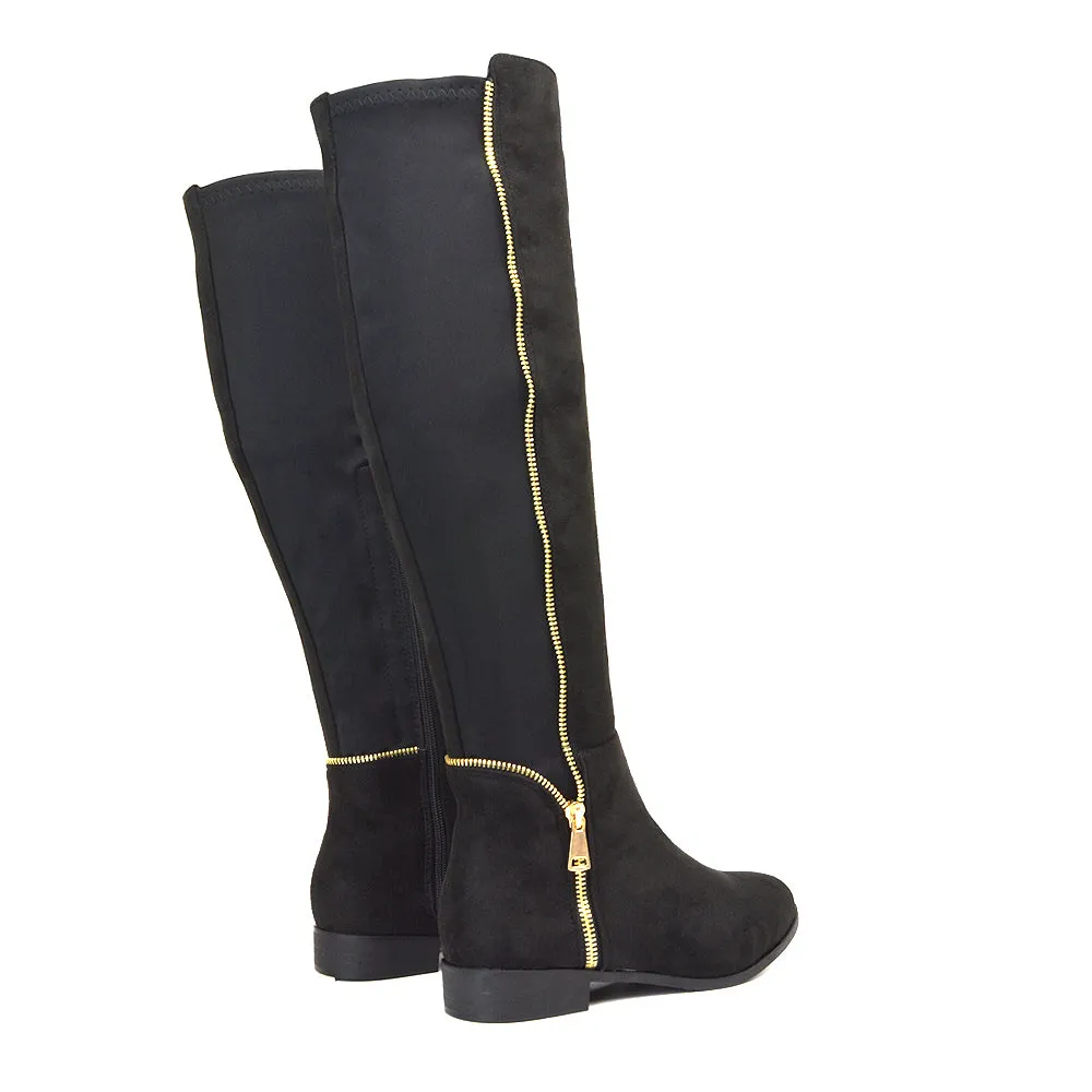 Sutton Zip Up Stretchy Calf Flat Heel Knee High Boots in Black Faux Suede sold by XYlondon product image thumbnail 2