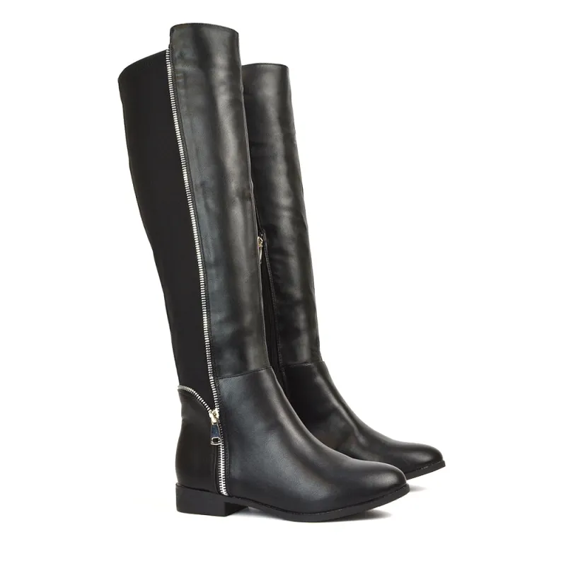 Sutton Zip Up Stretchy Calf Flat Heel Knee High Boots in Black Synthetic Leather sold by XYlondon