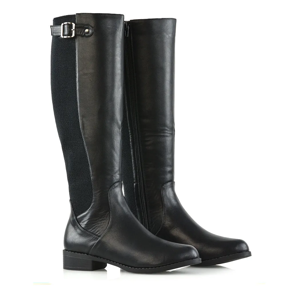 Molly Knee High Stretch Calf Flat Low Heel Zip Up Long Boots in Black Synthetic Leather sold by XYlondon