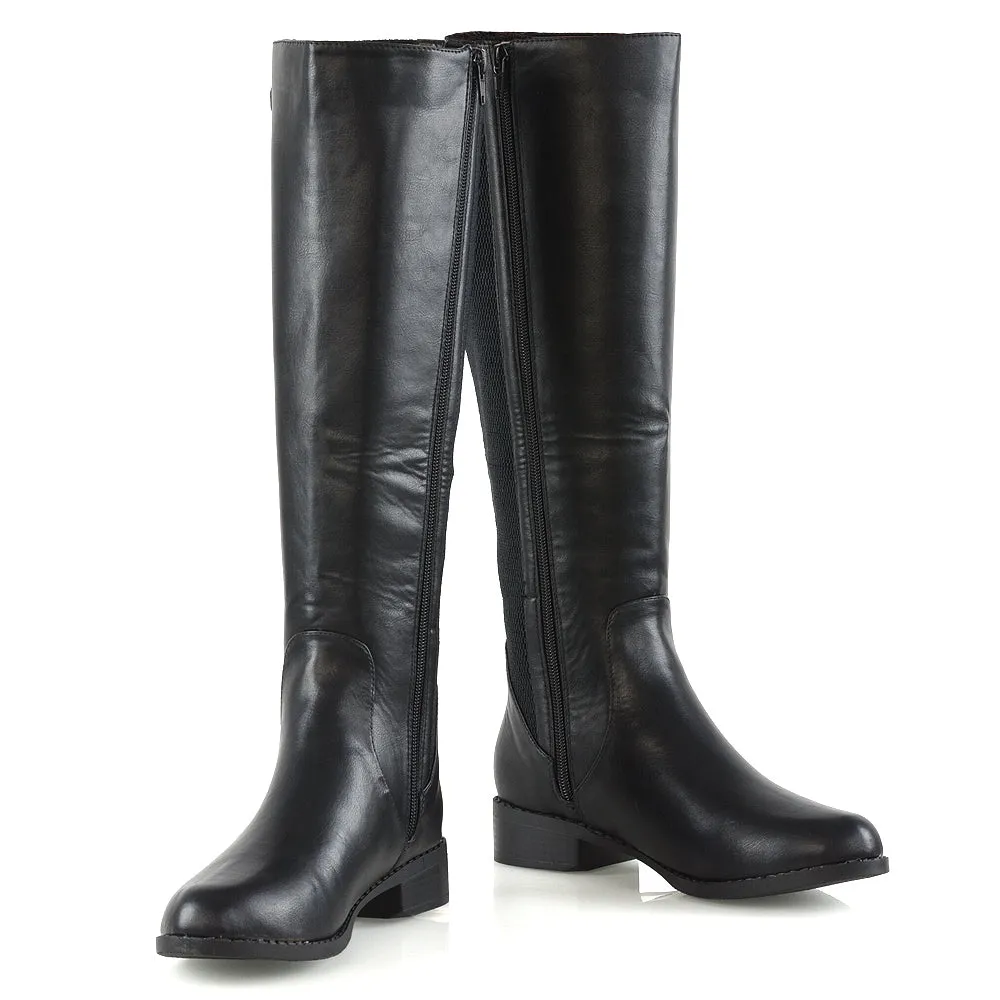 Molly Knee High Stretch Calf Flat Low Heel Zip Up Long Boots in Black Synthetic Leather sold by XYlondon product image thumbnail 5