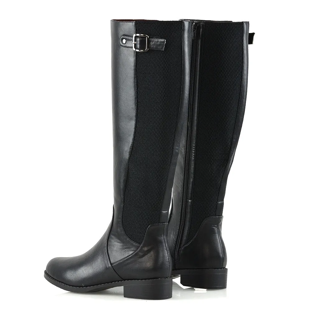 Molly Knee High Stretch Calf Flat Low Heel Zip Up Long Boots in Black Synthetic Leather sold by XYlondon product image thumbnail 4