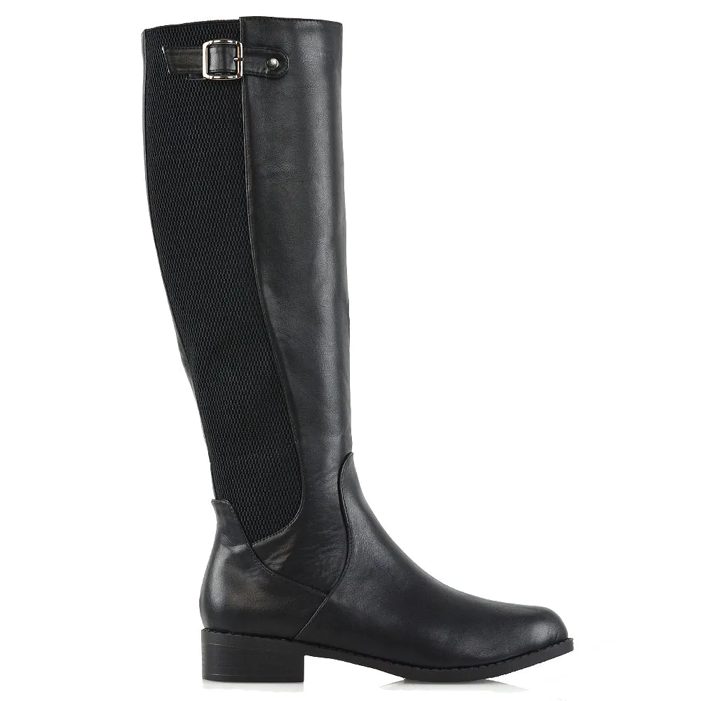 Molly Knee High Stretch Calf Flat Low Heel Zip Up Long Boots in Black Synthetic Leather sold by XYlondon product image thumbnail 3