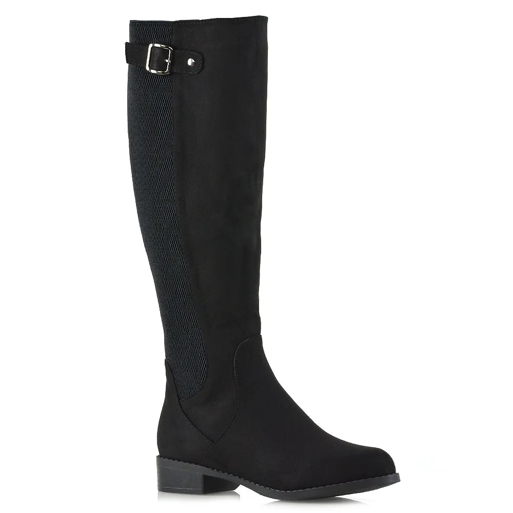 Molly Knee High Stretch Calf Flat Low Heel Zip Up Long Boots in Black Faux Suede sold by XYlondon product image thumbnail 4