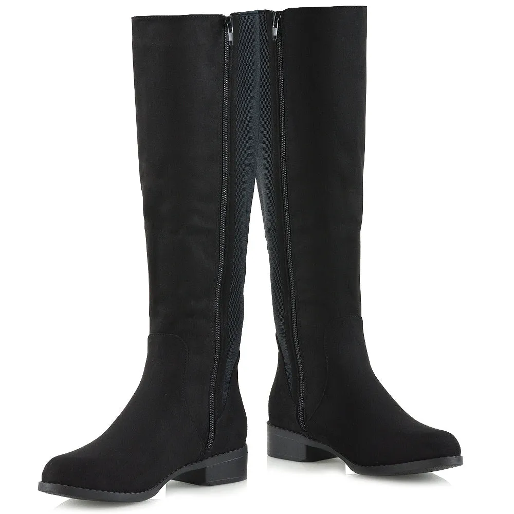 Molly Knee High Stretch Calf Flat Low Heel Zip Up Long Boots in Black Faux Suede sold by XYlondon product image thumbnail 2