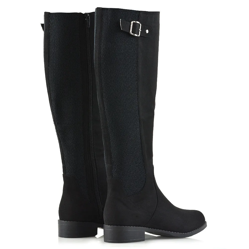 Molly Knee High Stretch Calf Flat Low Heel Zip Up Long Boots in Black Faux Suede sold by XYlondon product image thumbnail 3