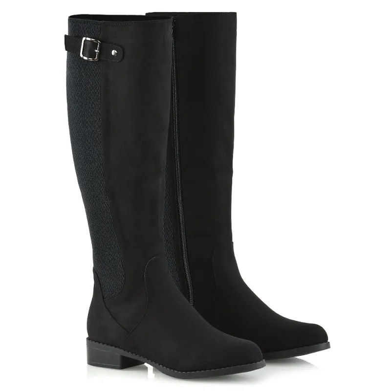 Molly Knee High Stretch Calf Flat Low Heel Zip Up Long Boots in Black Faux Suede sold by XYlondon
