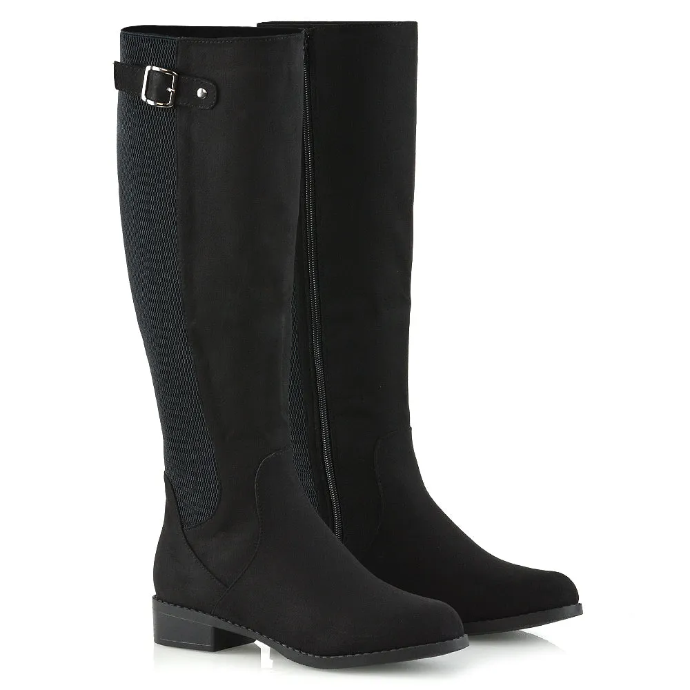 Molly Knee High Stretch Calf Flat Low Heel Zip Up Long Boots in Black Faux Suede sold by XYlondon