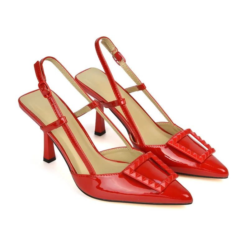 Lara Pointed Toe Square Buckle Slingback Stiletto High Heels Court Shoes in Red Patent sold by XYlondon