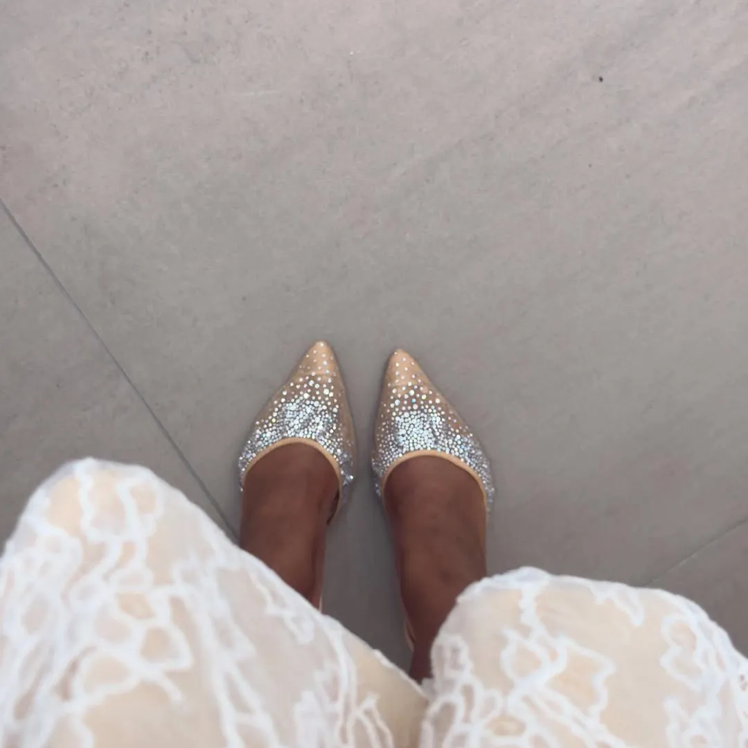 Charlotte Diamante Rhinestone Mesh Pointed Toe Slingback Stiletto Sparkly High Heels in Nude sold by XYlondon product image thumbnail 3