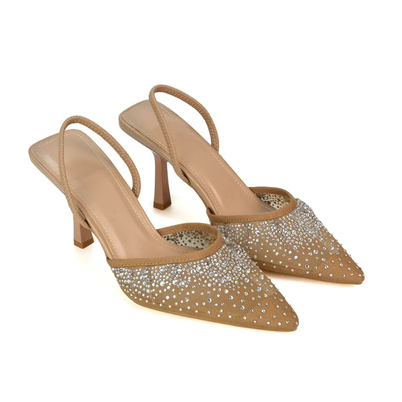 Charlotte Diamante Rhinestone Mesh Pointed Toe Slingback Stiletto Sparkly High Heels in Nude sold by XYlondon