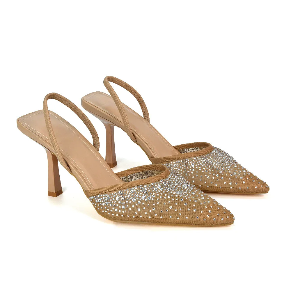 Charlotte Diamante Rhinestone Mesh Pointed Toe Slingback Stiletto Sparkly High Heels in Nude sold by XYlondon product image thumbnail 2
