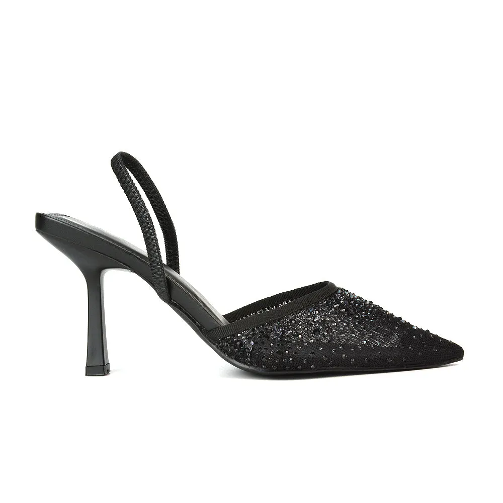 Charlotte Diamante Rhinestone Mesh Pointed Toe Slingback Stiletto Sparkly High Heels in Black sold by XYlondon product image thumbnail 5
