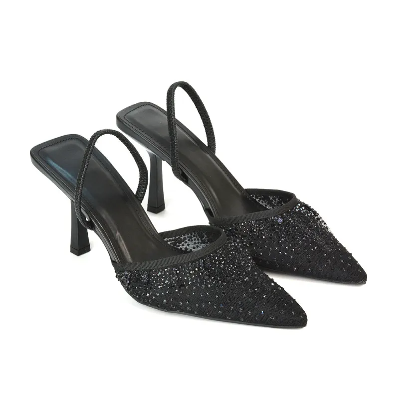 Charlotte Diamante Rhinestone Mesh Pointed Toe Slingback Stiletto Sparkly High Heels in Black sold by XYlondon