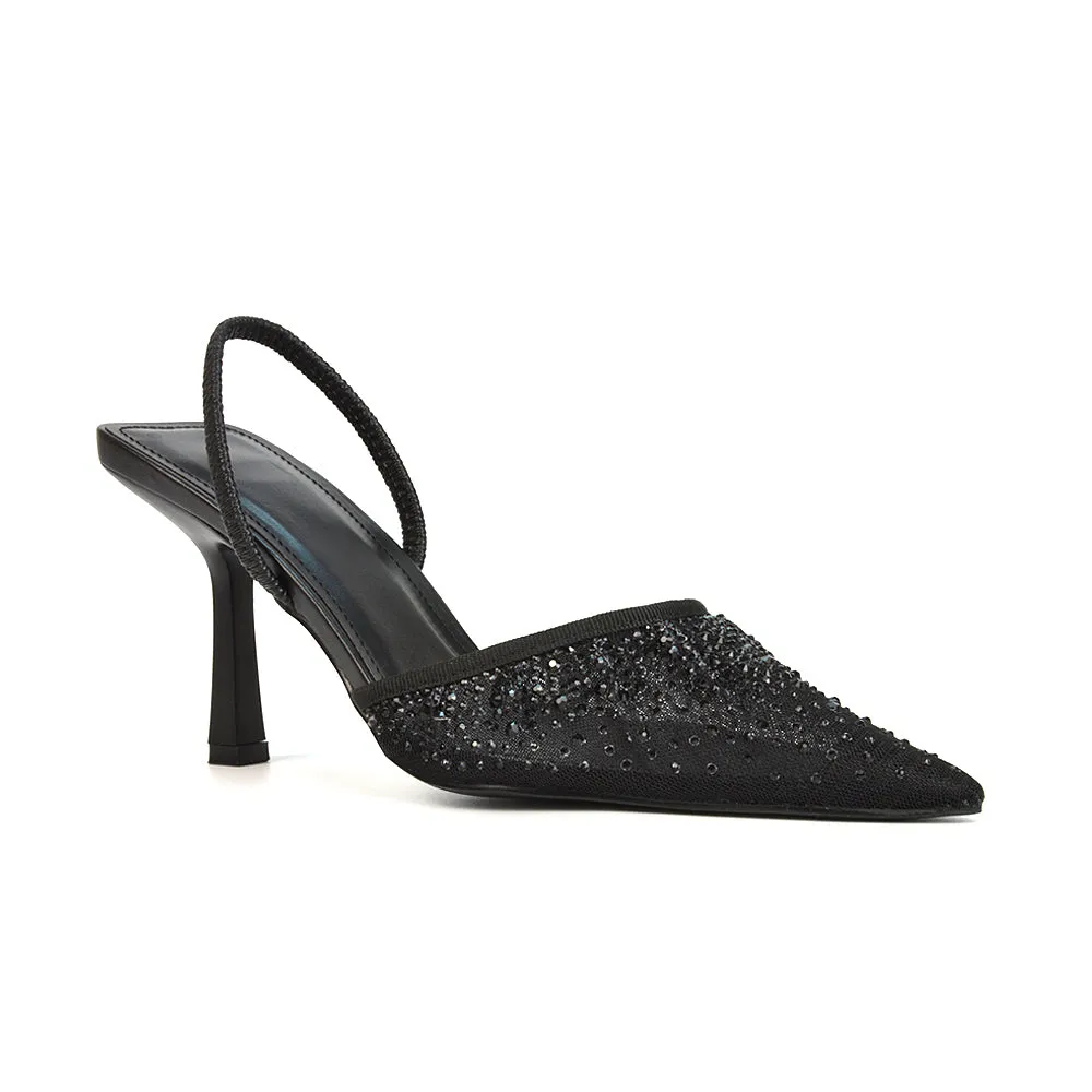 Charlotte Diamante Rhinestone Mesh Pointed Toe Slingback Stiletto Sparkly High Heels in Black sold by XYlondon product image thumbnail 3