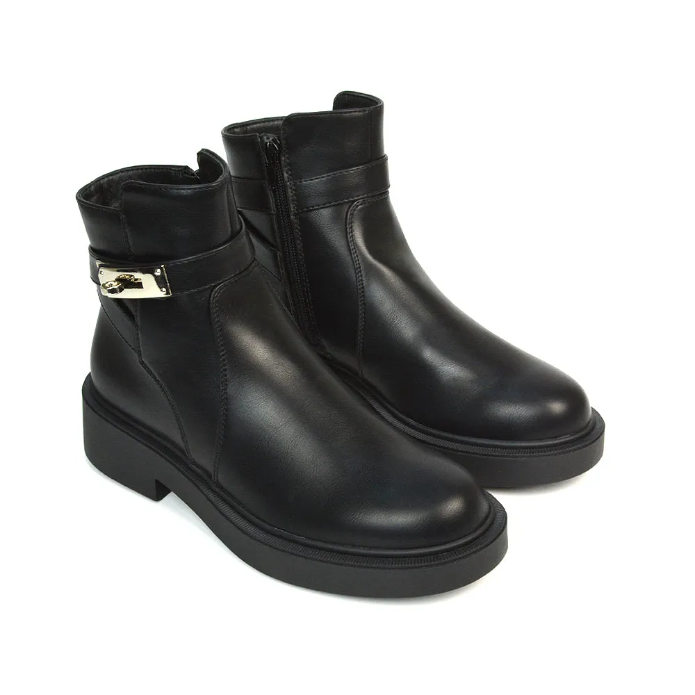 Jodie Chunky Sole Biker Ankle Boots Inside Zip in Black Synthetic Leather sold by XYlondon product image thumbnail 4