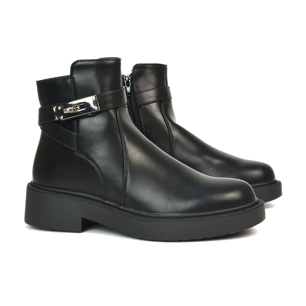 Jodie Chunky Sole Biker Ankle Boots Inside Zip in Black Synthetic Leather sold by XYlondon