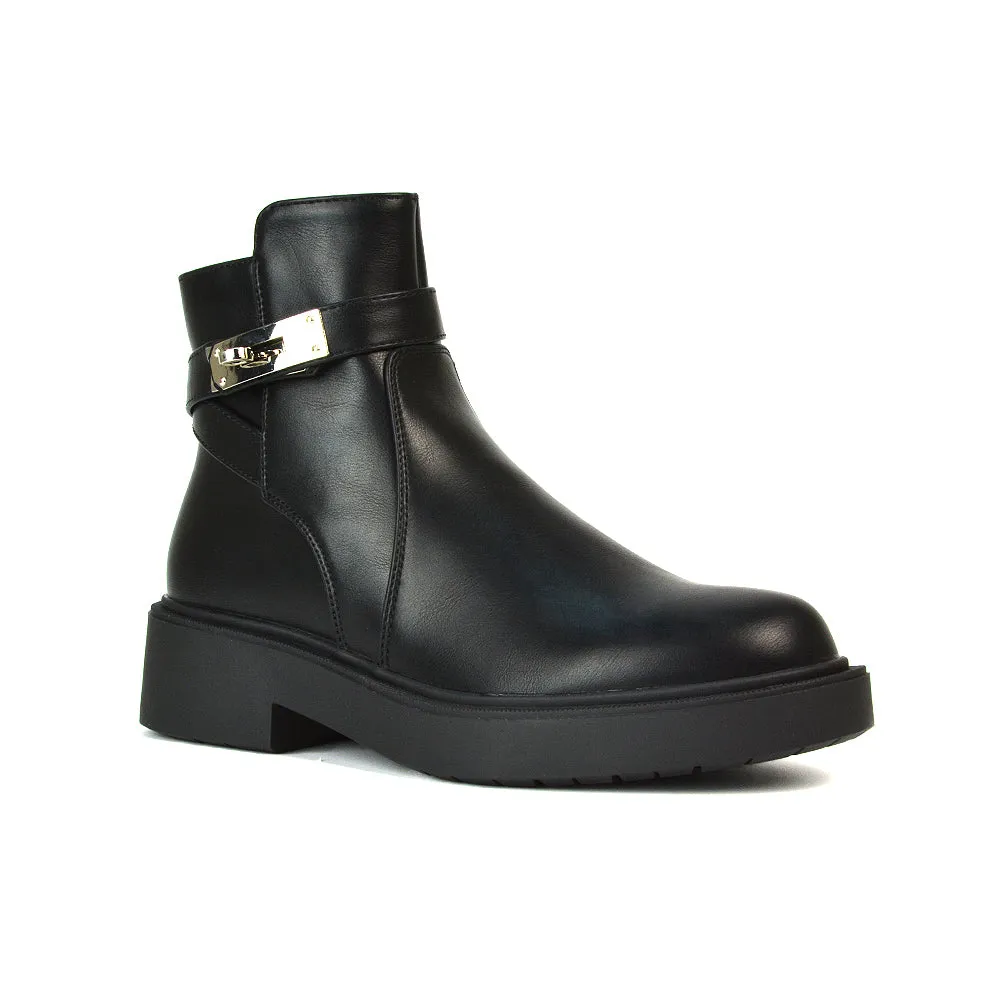 Jodie Chunky Sole Biker Ankle Boots Inside Zip in Black Synthetic Leather sold by XYlondon product image thumbnail 5