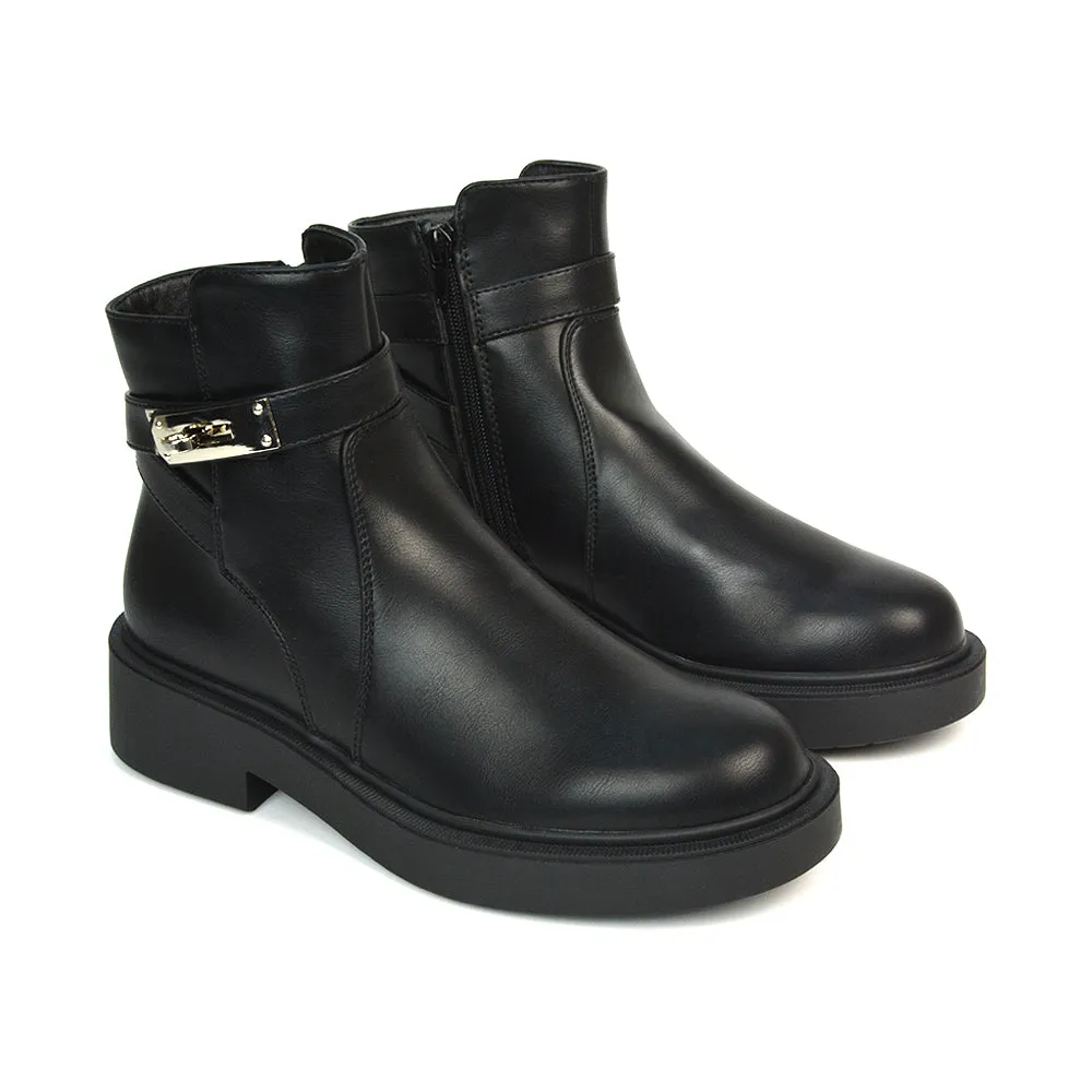 Jodie Chunky Sole Biker Ankle Boots Inside Zip in Black Synthetic Leather sold by XYlondon product image thumbnail 2