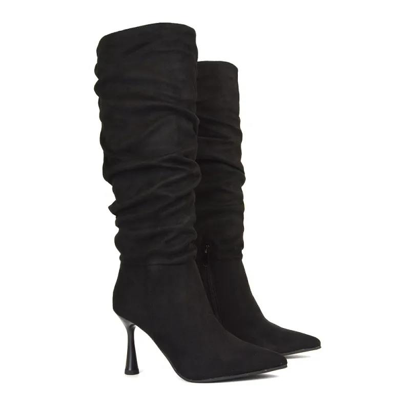 Andi Knee High Stiletto Heeled Ruched Pointed Toe Boots in Black sold by XYlondon