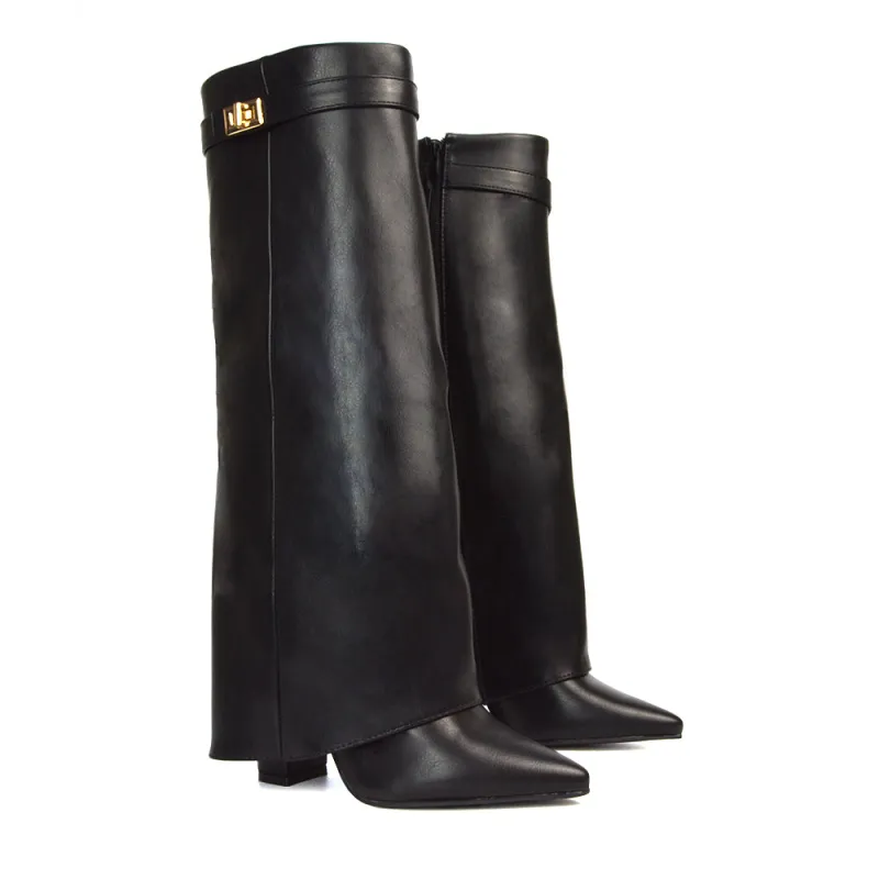 Rayna Pointed Toe Fold Over Knee High Boots With Block Heel in Black Synthetic Leather sold by XYlondon