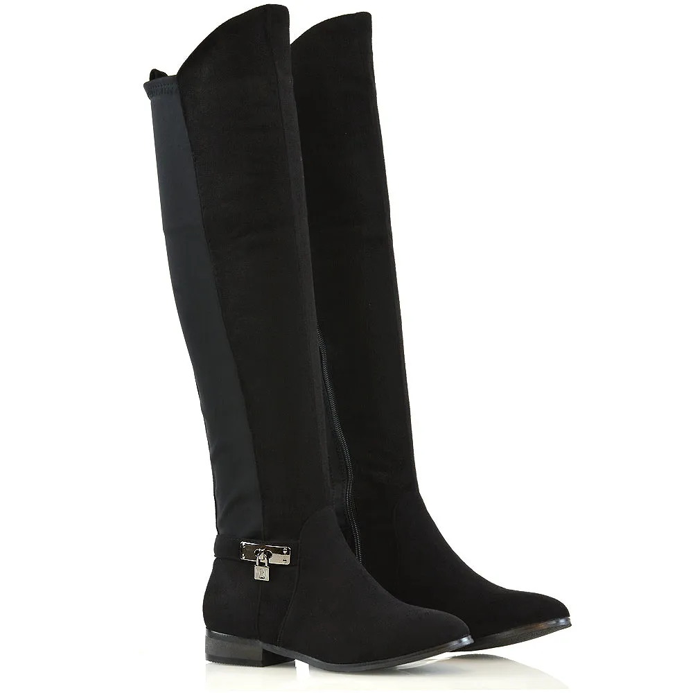 Taylor Over The Knee High Flat Heel Buckle Detail Women Boots in Black Faux Suede sold by XYlondon product image thumbnail 3