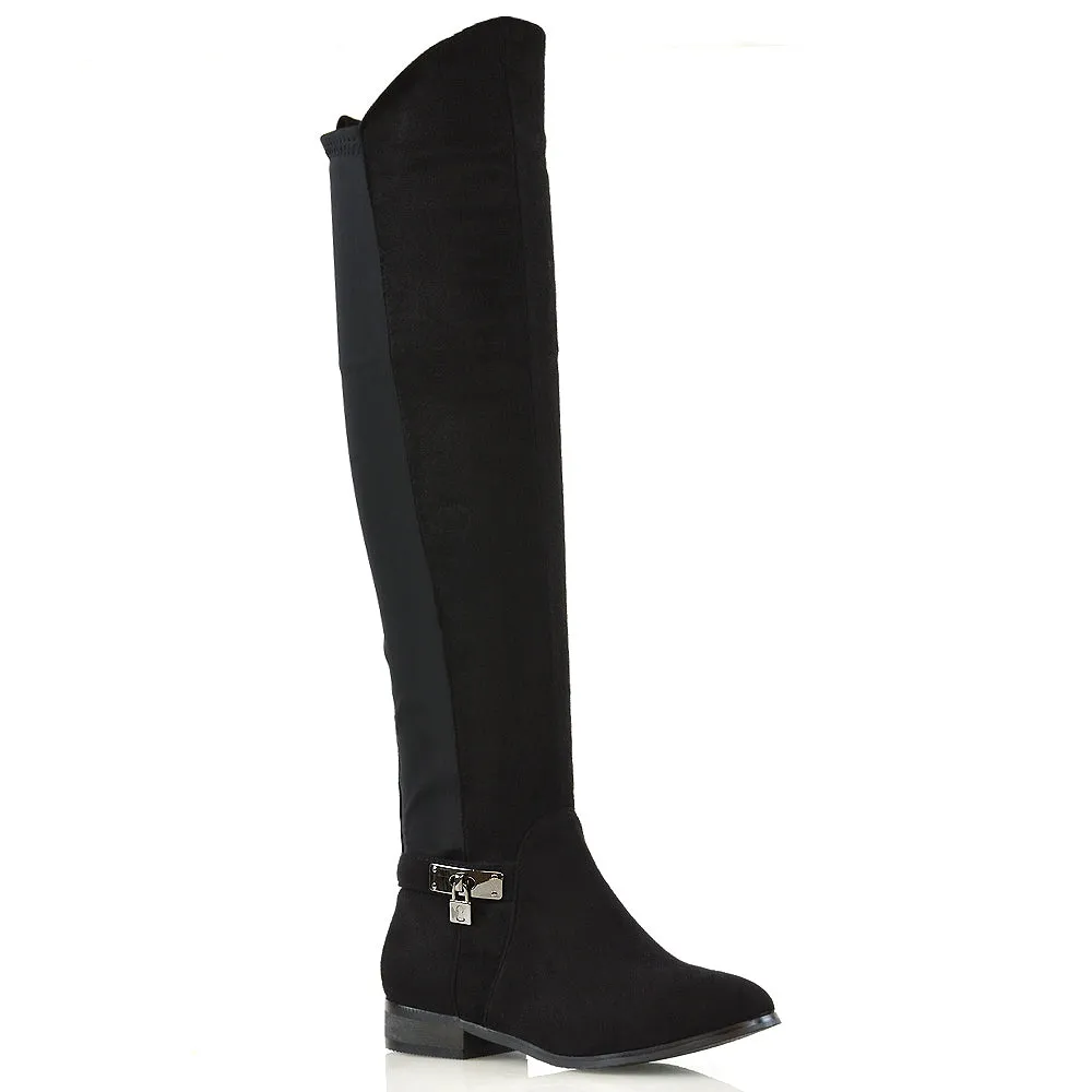 Taylor Over The Knee High Flat Heel Buckle Detail Women Boots in Black Faux Suede sold by XYlondon product image thumbnail 4