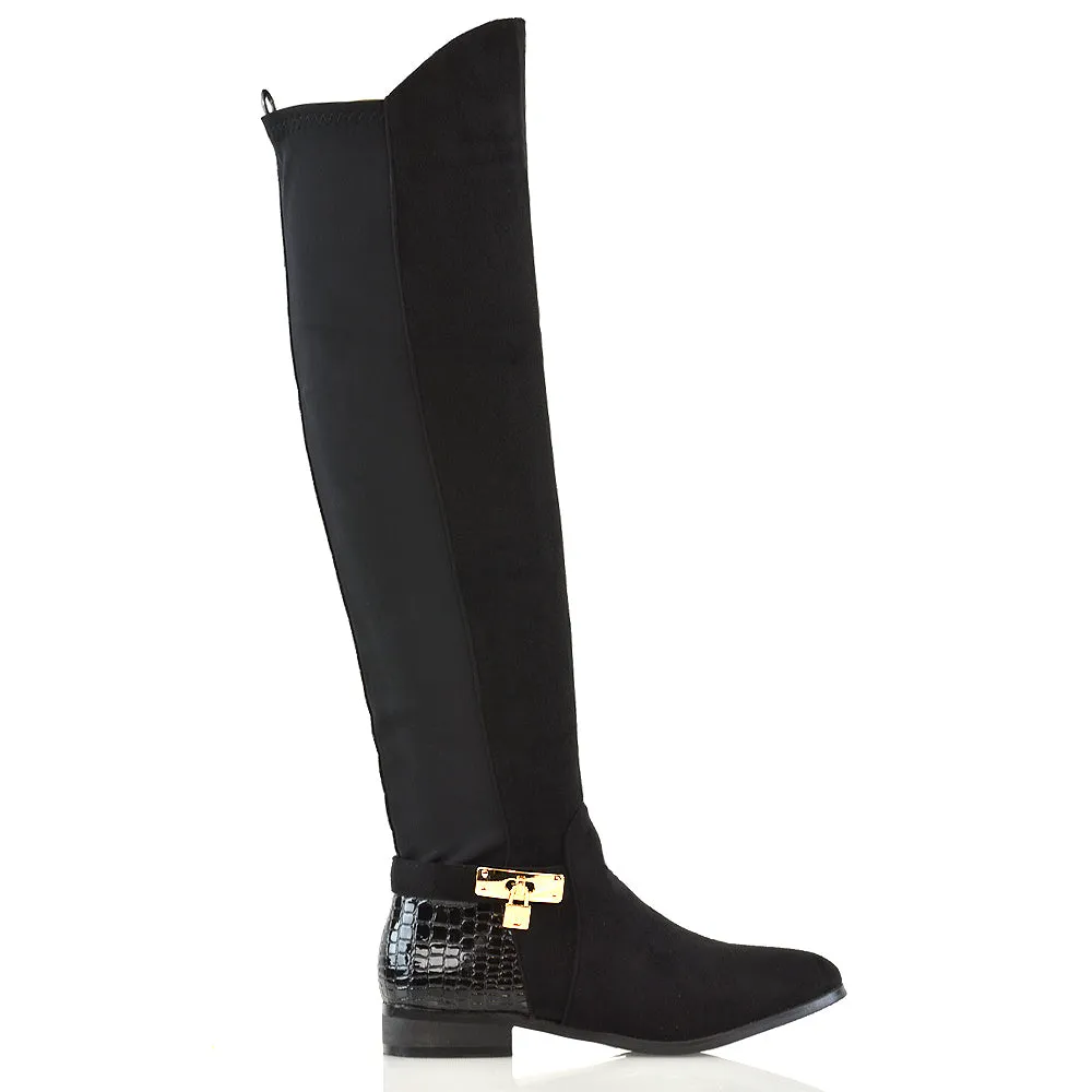 Taylor Over The Knee High Flat Heel Buckle Detail Women Boots in Black Faux Suede sold by XYlondon product image thumbnail 5