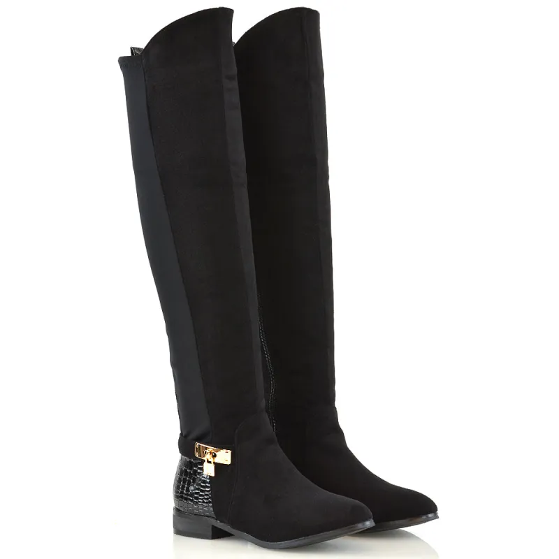 Taylor Over The Knee High Flat Heel Buckle Detail Women Boots in Black Faux Suede sold by XYlondon