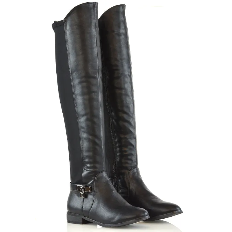 Taylor Over The Knee High Flat Heel Buckle Detail Women Boots in Black Synthetic Leather sold by XYlondon