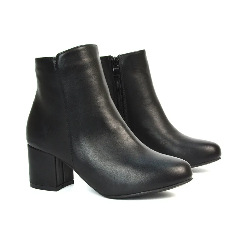 Jade Mid Block Heel Winter Zip Up Heeled Women Ankle Boots in Black Synthetic Leather sold by XYlondon