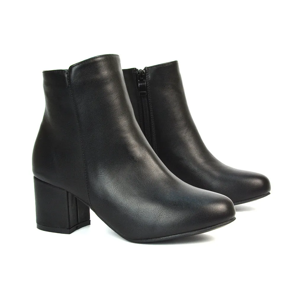 Jade Mid Block Heel Winter Zip Up Heeled Women Ankle Boots in Black Synthetic Leather sold by XYlondon