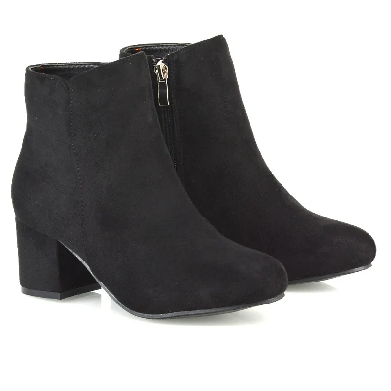 Jade Mid Block Heel Winter Zip Up Heeled Women Ankle Boots in Black Faux Suede sold by XYlondon