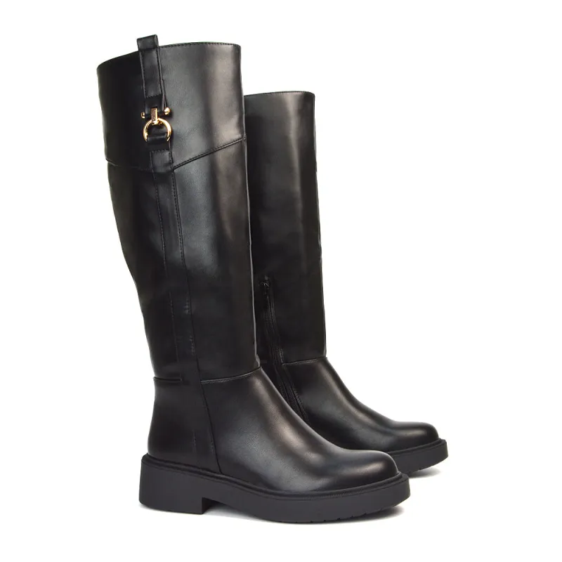 Ella Knee High Buckle Detail Flat Chunky Heel Boots in Black Synthetic Leather sold by XYlondon