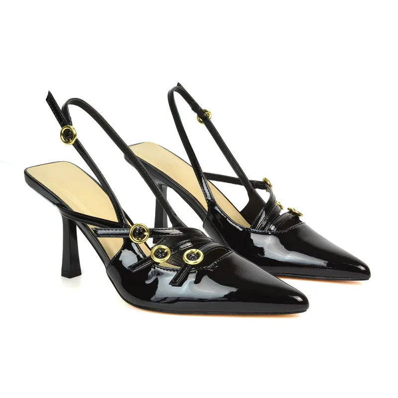 Kaylin Slingback Pointed Toe Stiletto High Heel Court Shoes in Black Patent sold by XYlondon