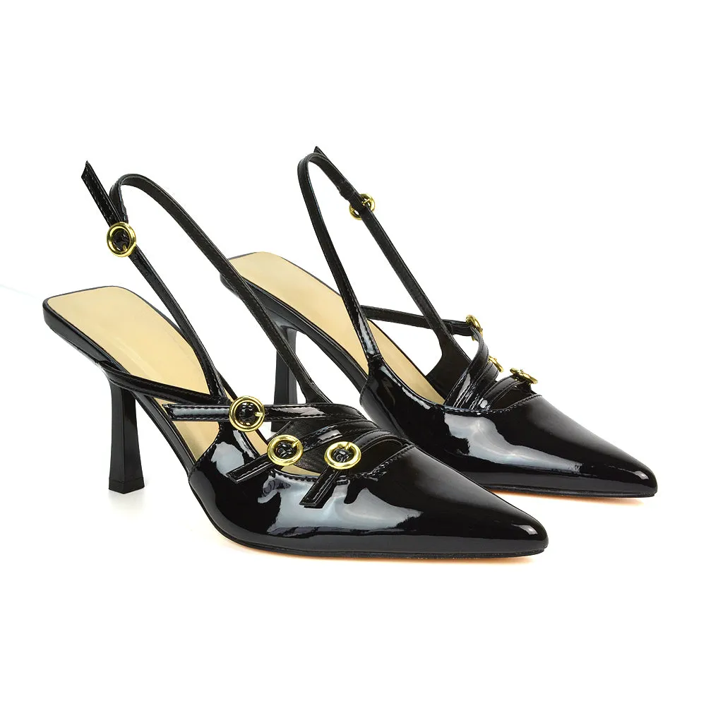 Kaylin Slingback Pointed Toe Stiletto High Heel Court Shoes in Black Patent sold by XYlondon