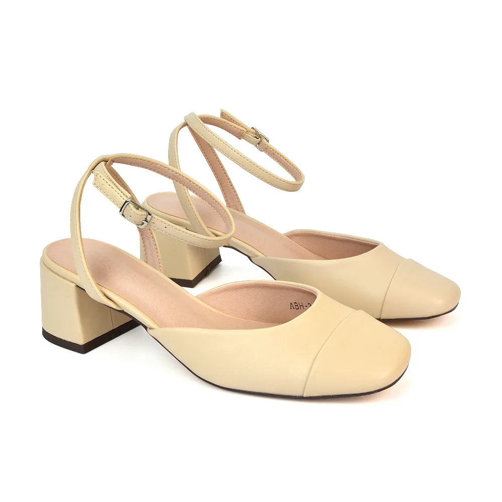 Natasha Ankle Strap Mid Block Heel Square Toe Court Shoes in Nude Synthetic Leather sold by XYlondon product image thumbnail 3