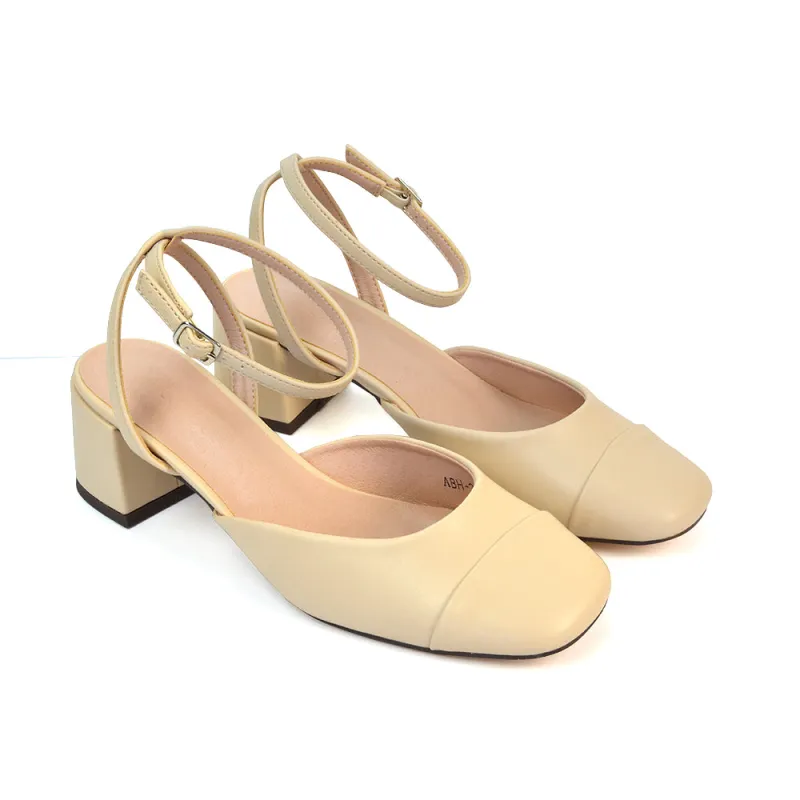 Natasha Ankle Strap Mid Block Heel Square Toe Court Shoes in Nude Synthetic Leather sold by XYlondon