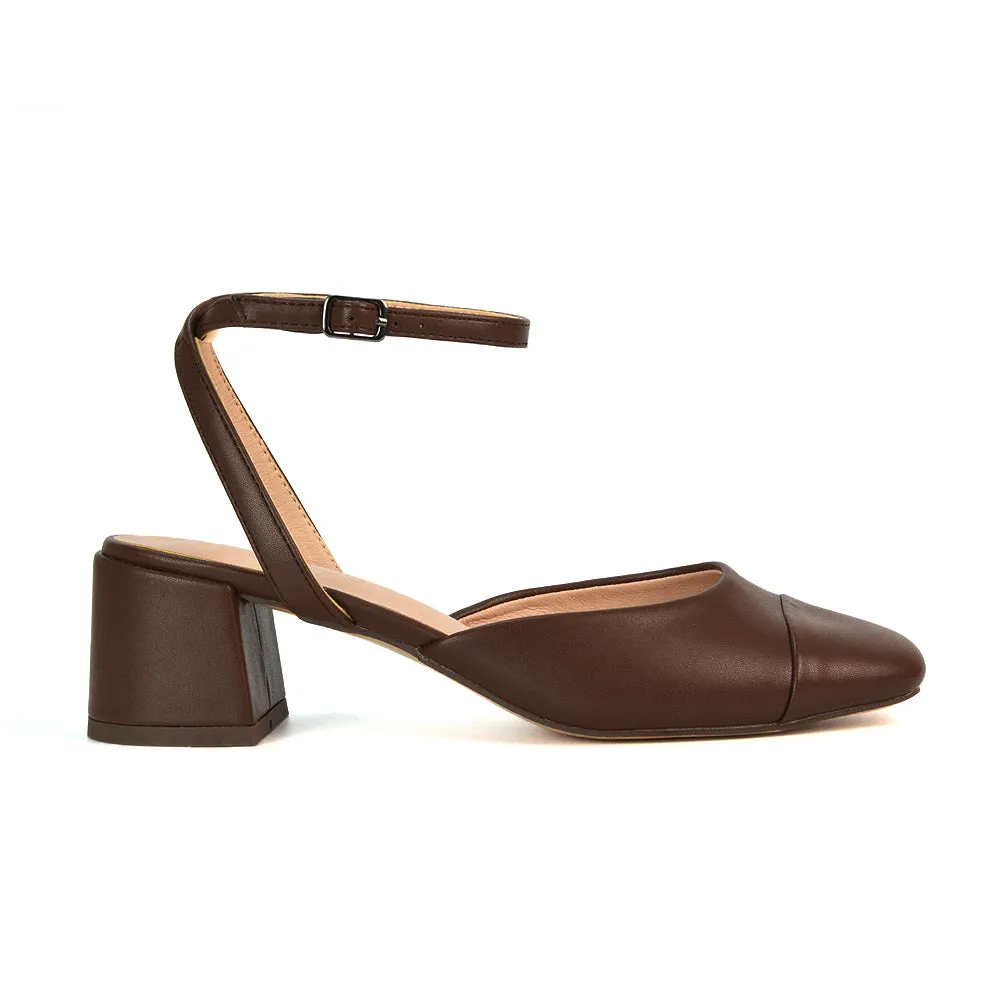Natasha Ankle Strap Mid Block Heel Square Toe Court Shoes in Brown Synthetic Leather sold by XYlondon product image thumbnail 4