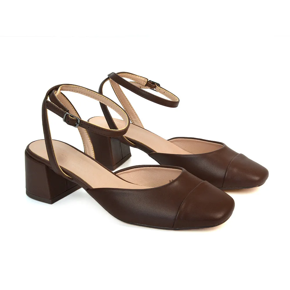 Natasha Ankle Strap Mid Block Heel Square Toe Court Shoes in Brown Synthetic Leather sold by XYlondon product image thumbnail 3