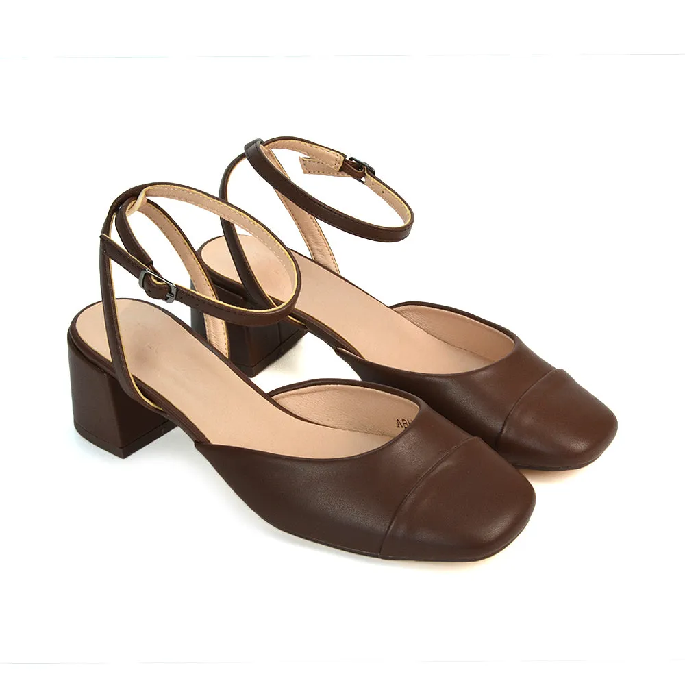 Natasha Ankle Strap Mid Block Heel Square Toe Court Shoes in Brown Synthetic Leather sold by XYlondon