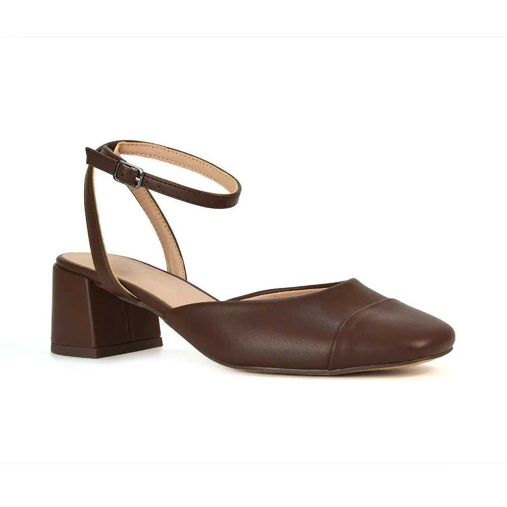 Natasha Ankle Strap Mid Block Heel Square Toe Court Shoes in Brown Synthetic Leather sold by XYlondon product image thumbnail 5