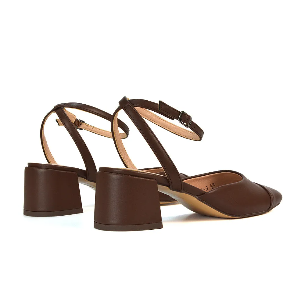 Natasha Ankle Strap Mid Block Heel Square Toe Court Shoes in Brown Synthetic Leather sold by XYlondon product image thumbnail 2