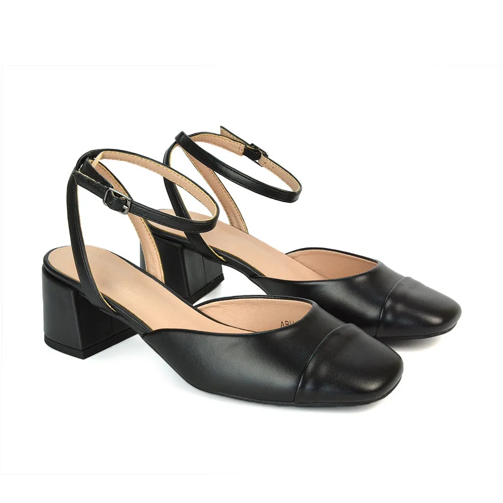 Natasha Ankle Strap Mid Block Heel Square Toe Court Shoes in Black Synthetic Leather sold by XYlondon product image thumbnail 3