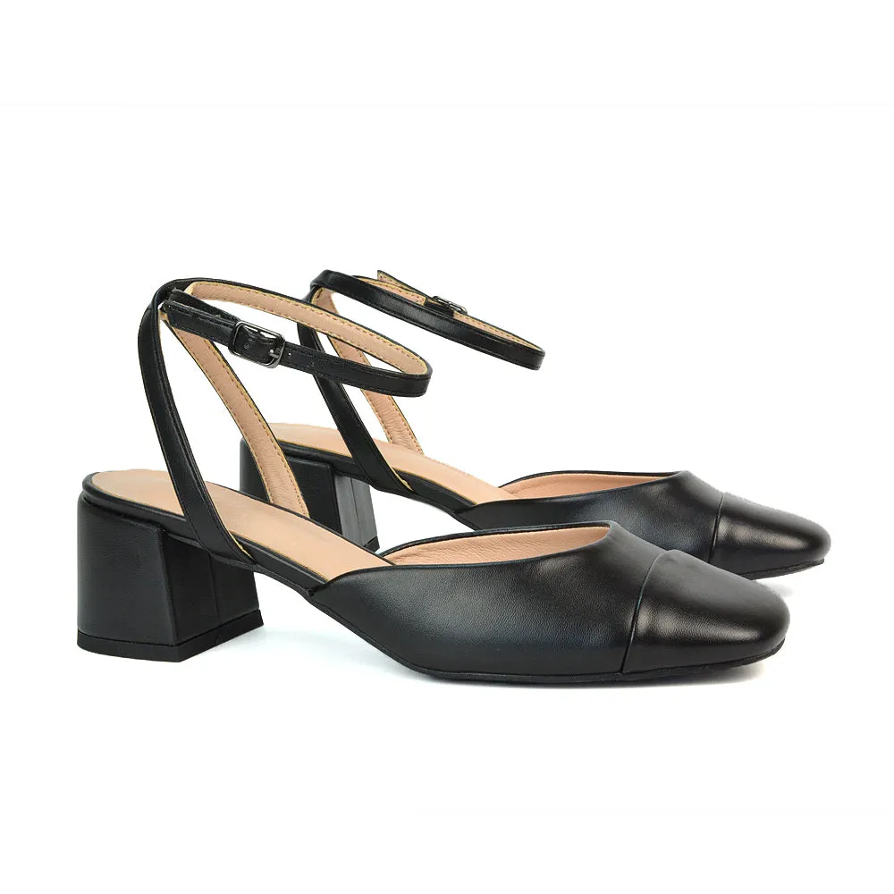 Natasha Ankle Strap Mid Block Heel Square Toe Court Shoes in Black Synthetic Leather sold by XYlondon product image thumbnail 4