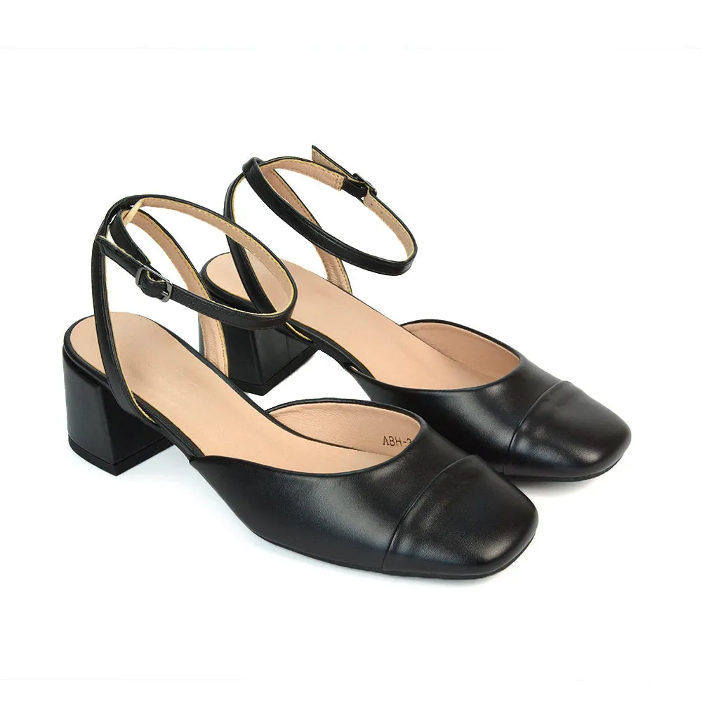 Natasha Ankle Strap Mid Block Heel Square Toe Court Shoes in Black Synthetic Leather sold by XYlondon