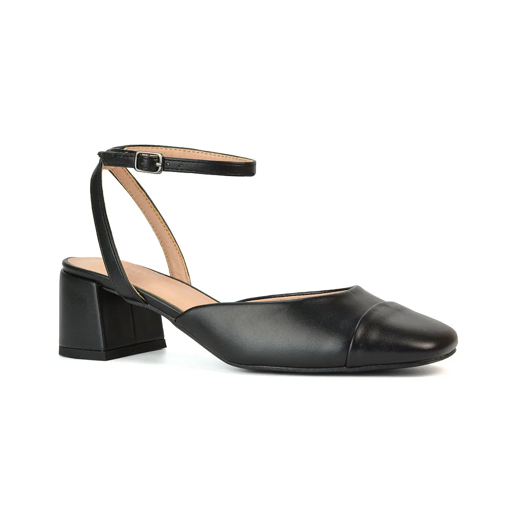 Natasha Ankle Strap Mid Block Heel Square Toe Court Shoes in Black Synthetic Leather sold by XYlondon product image thumbnail 5