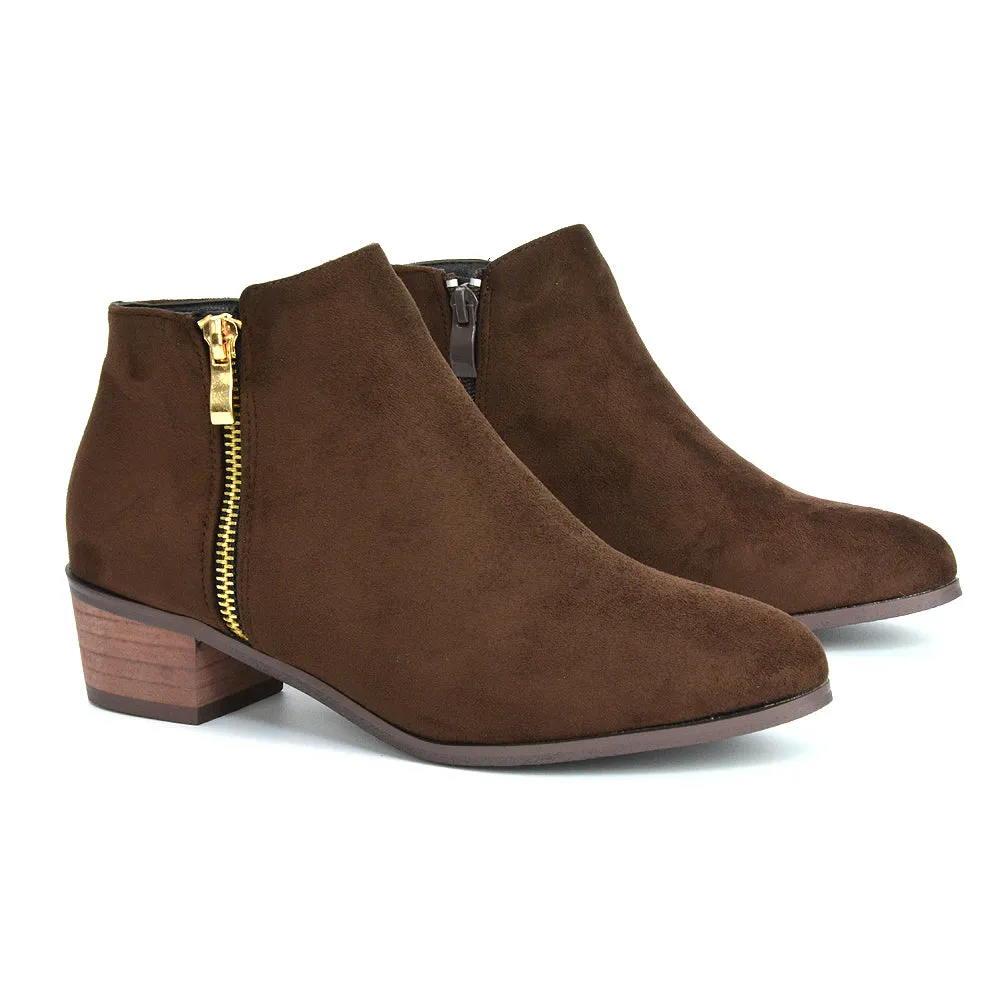 Alberto Zip Up Ankle Boots With Low Block Heel in Brown Faux Suede sold by XYlondon